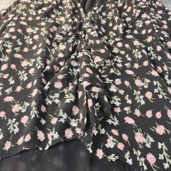 Böhme Womens‎ S Black Pink Floral Blouse Ruffle Front Long Sleeve Sheer Lined - Picture 7 of 11